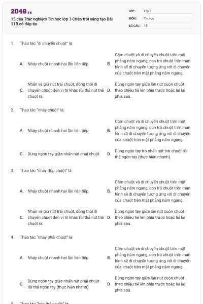 15 câu Trắc nghiệm Tin học lớp 3 Chân trời sáng tạo Bài 11B có đáp án