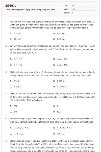 100 câu trắc nghiệm Lượng tử ánh sáng nâng cao (P1)