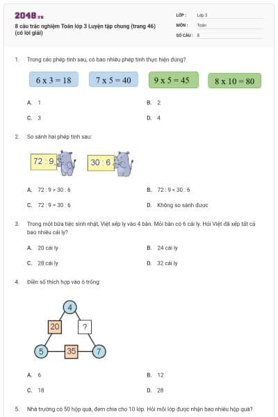 8 câu trắc nghiệm Toán lớp 3 Luyện tập chung (trang 46) (có lời giải)