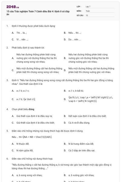 15 câu Trắc nghiệm Toán 7 Cánh diều Bài 4: Định lí có đáp án