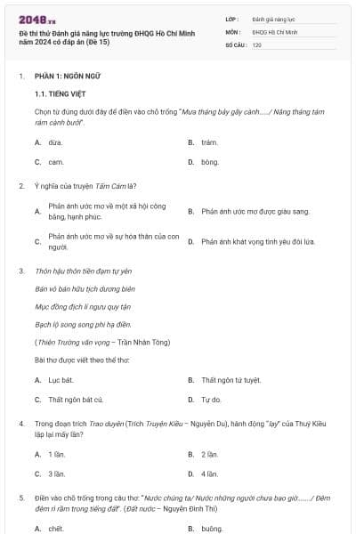 Đề thi thử Đánh giá năng lực trường ĐHQG Hồ Chí Minh năm 2024 có đáp án (Đề 15)