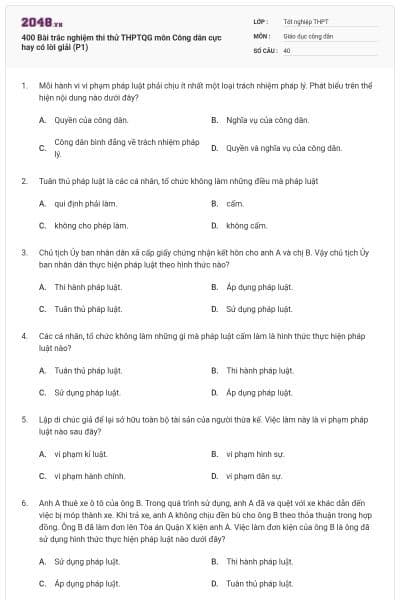 400 Bài trắc nghiệm thi thử THPTQG môn Công dân cực hay có lời giải (P1)