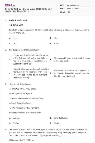 Đề thi thử Đánh giá năng lực trường ĐHQG Hồ Chí Minh năm 2024 có đáp án (Đề 19)