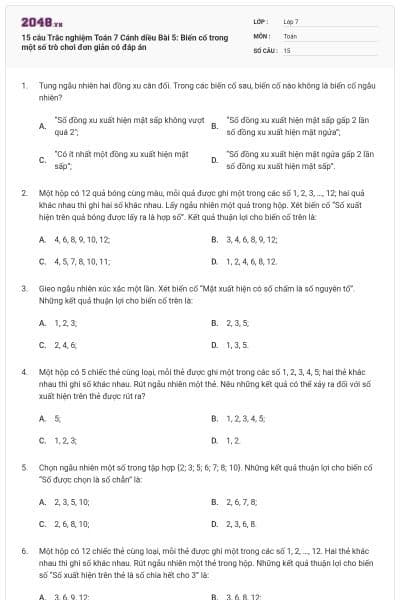 15 câu Trắc nghiệm Toán 7 Cánh diều Bài 5: Biến cố trong một số trò chơi đơn giản có đáp án