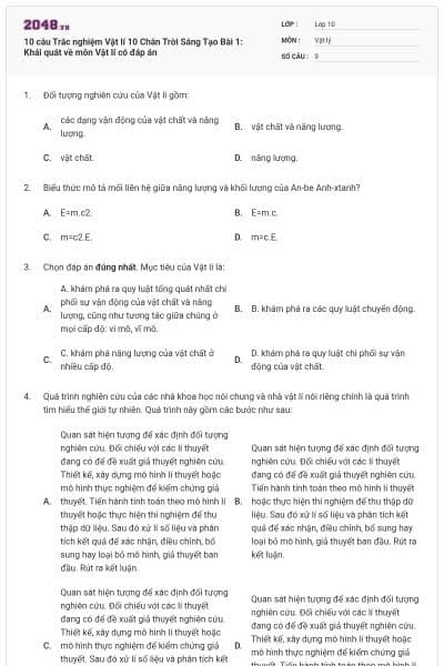 10 câu Trắc nghiệm Vật lí 10 Chân Trời Sáng Tạo Bài 1: Khái quát về môn Vật lí có đáp án