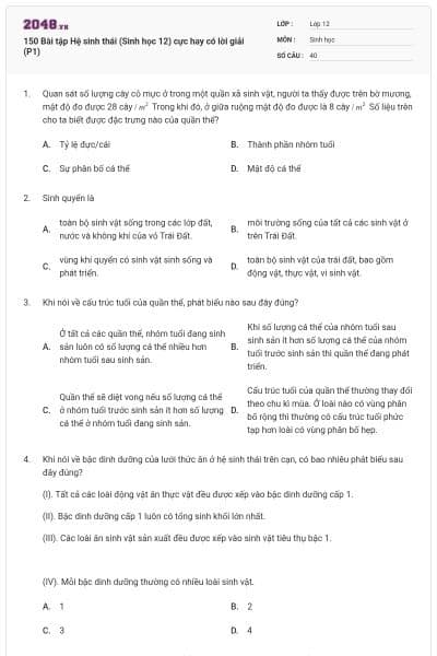 150 Bài tập Hệ sinh thái (Sinh học 12) cực hay có lời giải (P1)