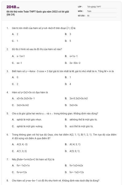 Đề thi thử môn Toán THPT Quốc gia năm 2022 có lời giải (Đề 24)