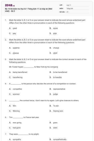 Bộ 14 Đề kiểm tra Học kì 1 Tiếng Anh 11 có đáp án (Mới nhất) - Đề 2