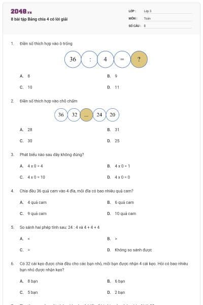 8 bài tập Bảng chia 4 có lời giải