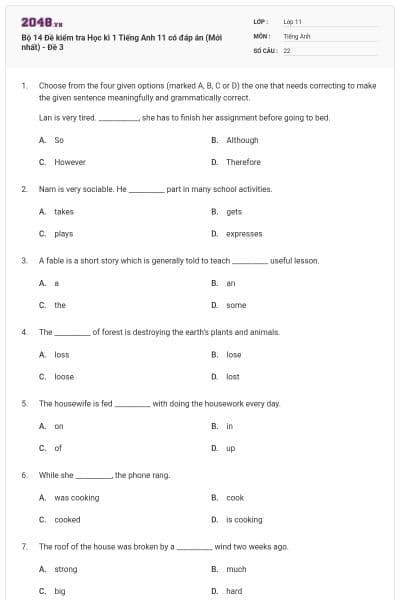 Bộ 14 Đề kiểm tra Học kì 1 Tiếng Anh 11 có đáp án (Mới nhất) - Đề 3