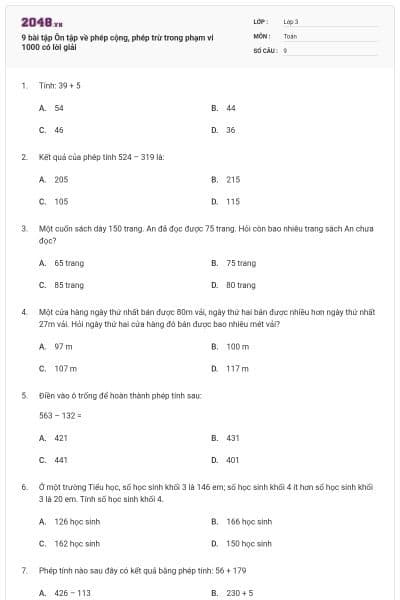 9 bài tập Ôn tập về phép cộng, phép trừ trong phạm vi 1000 có lời giải