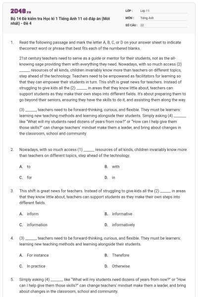 Bộ 14 Đề kiểm tra Học kì 1 Tiếng Anh 11 có đáp án (Mới nhất) - Đề 4