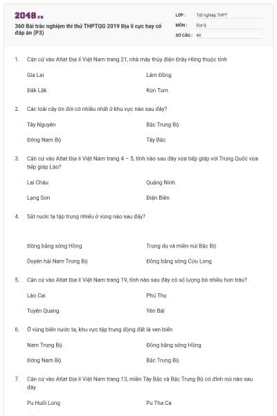 360 Bài trắc nghiệm thi thử THPTQG 2019 Địa lí cực hay có đáp án (P3)