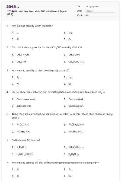 (2024) Đề minh họa tham khảo BGD môn Hóa có đáp án (Đề 1)