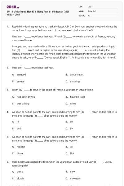 Bộ 14  Đề kiểm tra Học kì 1 Tiếng Anh 11 có đáp án (Mới nhất) - Đề 5