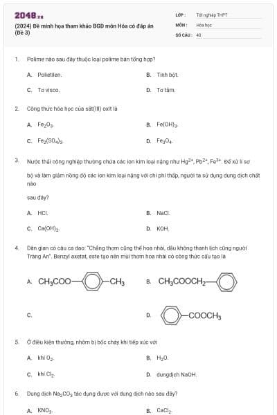 (2024) Đề minh họa tham khảo BGD môn Hóa có đáp án (Đề 3)