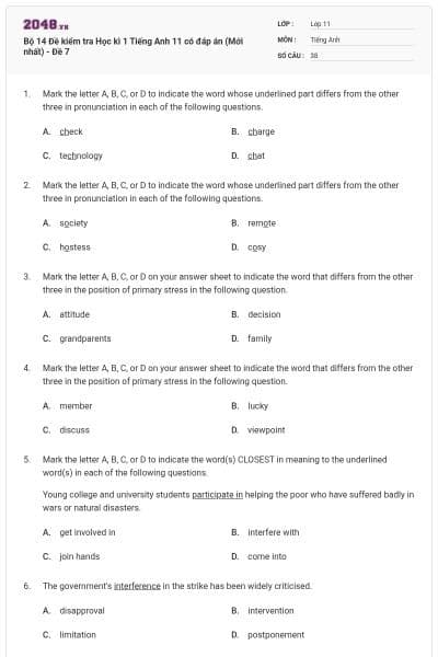 Bộ 14 Đề kiểm tra Học kì 1 Tiếng Anh 11 có đáp án (Mới nhất) - Đề 7