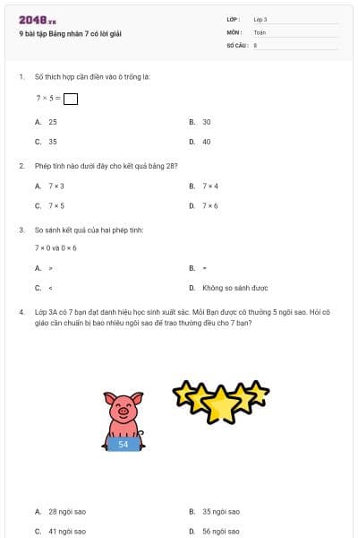 9 bài tập Bảng nhân 7 có lời giải