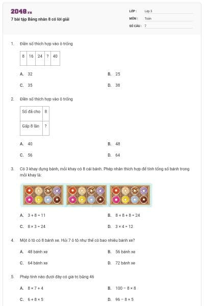 7 bài tập Bảng nhân 8 có lời giải