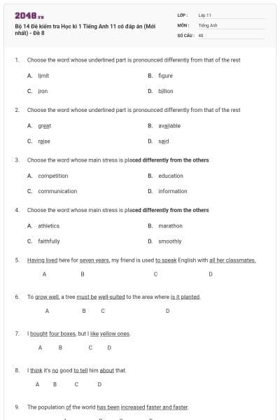 Bộ 14  Đề kiểm tra Học kì 1 Tiếng Anh 11 có đáp án (Mới nhất) - Đề 8