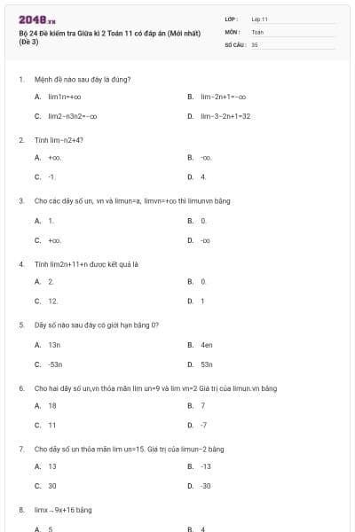 Bộ 24 Đề kiểm tra Giữa kì 2 Toán 11 có đáp án (Mới nhất) (Đề 3)
