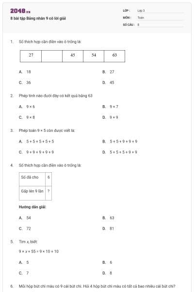 8 bài tập Bảng nhân 9 có lời giải