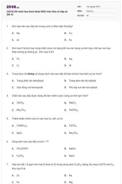 (2024) Đề minh họa tham khảo BGD môn Hóa có đáp án (Đề 4)
