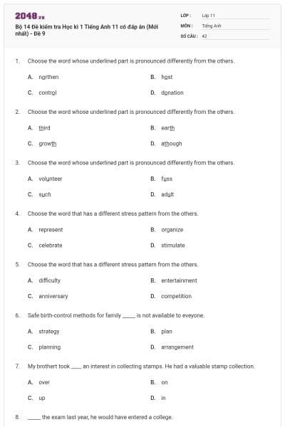 Bộ 14 Đề kiểm tra Học kì 1 Tiếng Anh 11 có đáp án (Mới nhất) - Đề 9