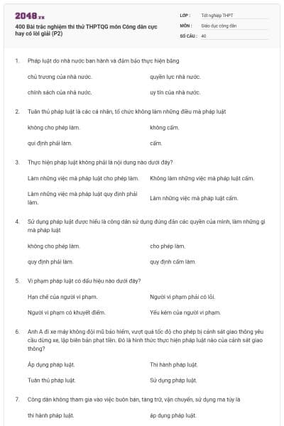 400 Bài trắc nghiệm thi thử THPTQG môn Công dân cực hay có lời giải (P2)