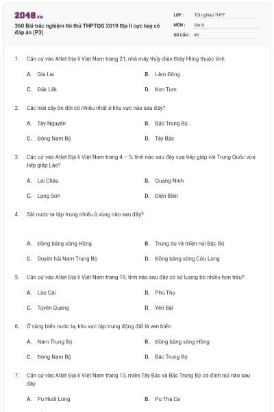 360 Bài trắc nghiệm thi thử THPTQG 2019 Địa lí cực hay có đáp án (P3)