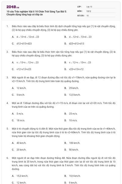 10 câu Trắc nghiệm Vật lí 10 Chân Trời Sáng Tạo Bài 5: Chuyển động tổng hợp có đáp án