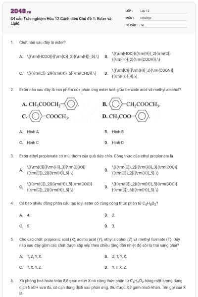 34 câu Trắc nghiệm Hóa 12 Cánh diều Chủ đề 1: Ester và Lipid
