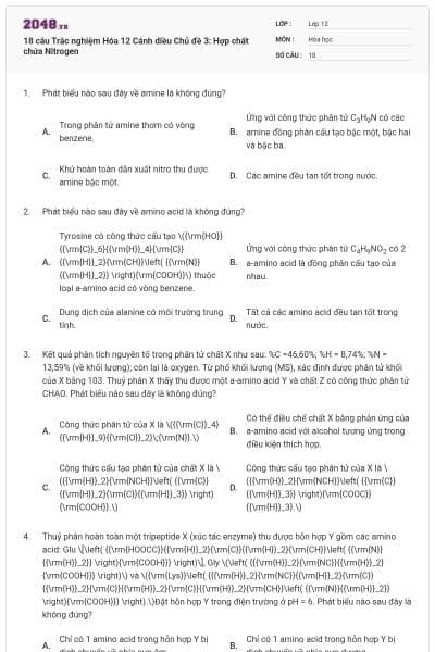 18 câu Trắc nghiệm Hóa 12 Cánh diều Chủ đề 3: Hợp chất chứa Nitrogen