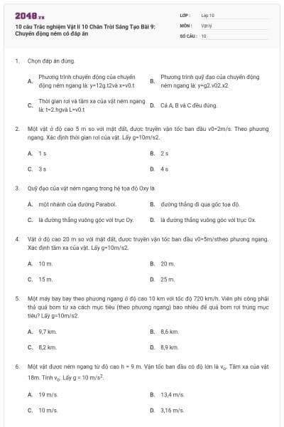 10 câu Trắc nghiệm Vật lí 10 Chân Trời Sáng Tạo Bài 9: Chuyển động ném có đáp án