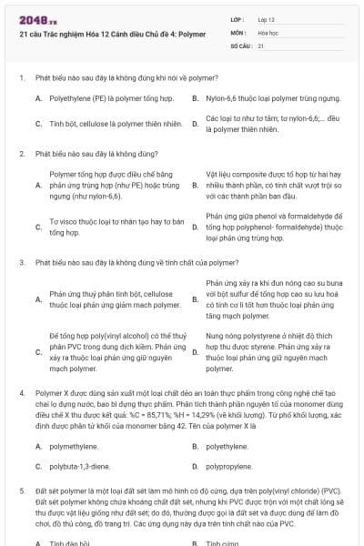 21 câu Trắc nghiệm Hóa 12 Cánh diều Chủ đề 4: Polymer