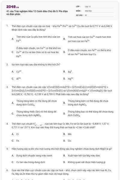 41 câu Trắc nghiệm Hóa 12 Cánh diều Chủ đề 5: Pin điện và điện phân