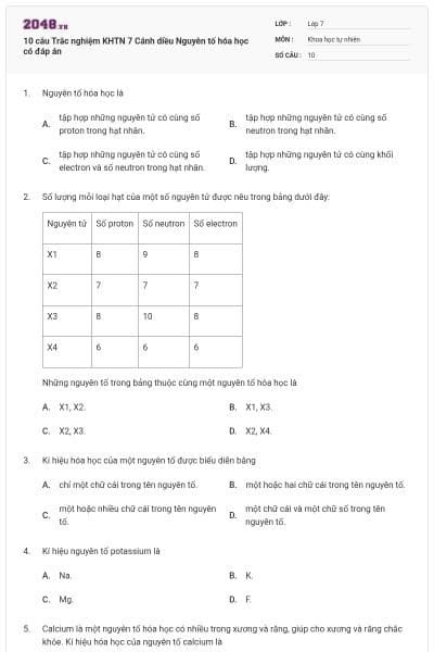 10 câu Trắc nghiệm KHTN 7 Cánh diều Nguyên tố hóa học có đáp án