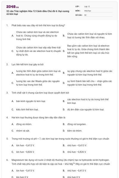 32 câu Trắc nghiệm Hóa 12 Cánh diều Chủ đề 6: Đại cương về kim loại