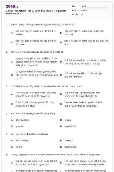 23 câu Trắc nghiệm Hóa 12 Cánh diều Chủ đề 7: Nguyên tố nhóm IA và IIA
