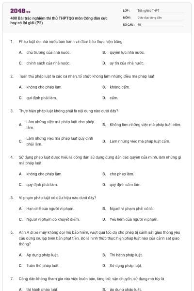 400 Bài trắc nghiệm thi thử THPTQG môn Công dân cực hay có lời giải (P2)