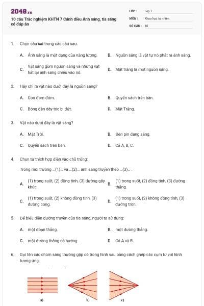 10 câu Trắc nghiệm KHTN 7 Cánh diều Ánh sáng, tia sáng có đáp án