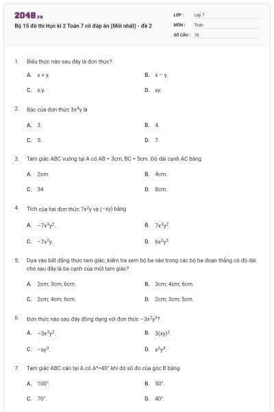 Bộ 15 đề thi Học kì 2 Toán 7 có đáp án (Mới nhất) - đề 2