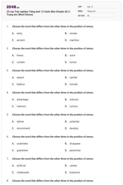 20 câu Trắc nghiệm Tiếng Anh 12 Cánh diều Chuyên đề 2: Trọng âm (Word Stress)