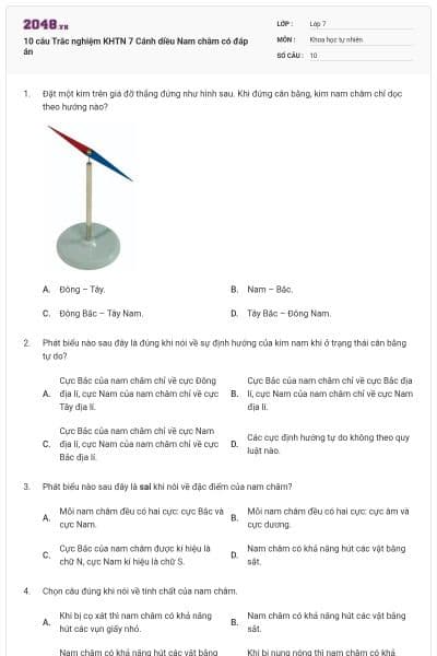 10 câu Trắc nghiệm KHTN 7 Cánh diều Nam châm có đáp án