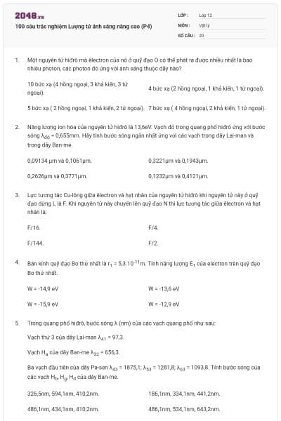 100 câu trắc nghiệm Lượng tử ánh sáng nâng cao (P4)