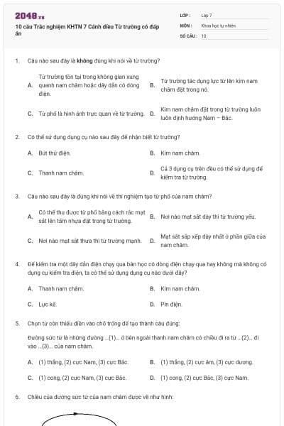 10 câu Trắc nghiệm KHTN 7 Cánh diều Từ trường có đáp án