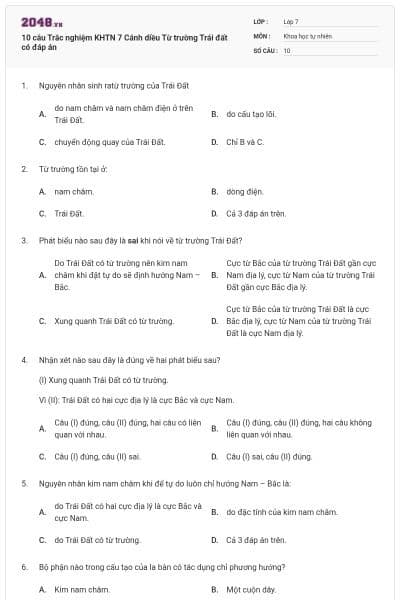 10 câu Trắc nghiệm KHTN 7 Cánh diều Từ trường Trái đất có đáp án