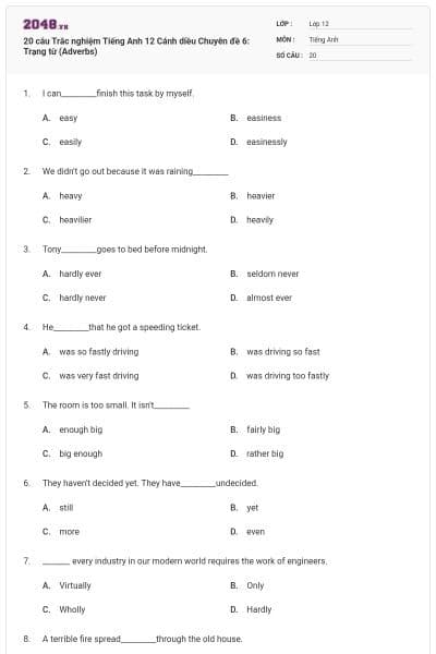 20 câu Trắc nghiệm Tiếng Anh 12 Cánh diều Chuyên đề 6: Trạng từ (Adverbs)
