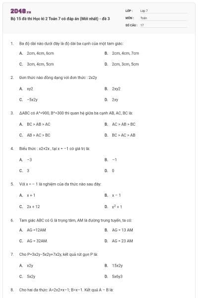 Bộ 15 đề thi Học kì 2 Toán 7 có đáp án (Mới nhất) - đề 3
