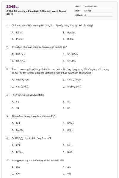 (2024) Đề minh họa tham khảo BGD môn Hóa có đáp án (Đề 8)